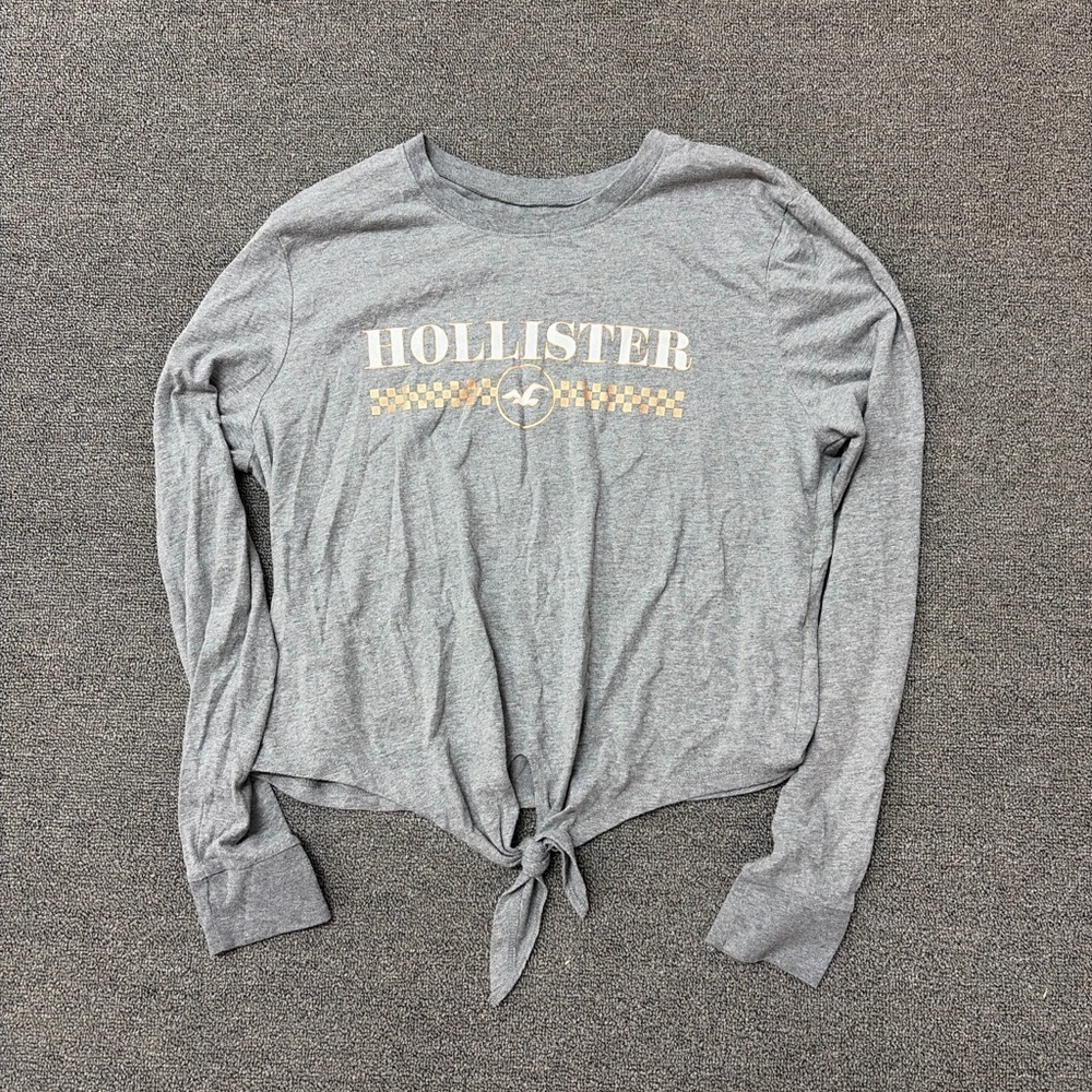 Hollister Gray Tie-Front Long Sleeve Tee XS Checkerboard Logo 1639